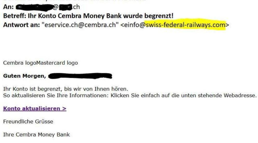 Zürich ZH - Betrüher E-Mails im Namen der Cembra Money Bank