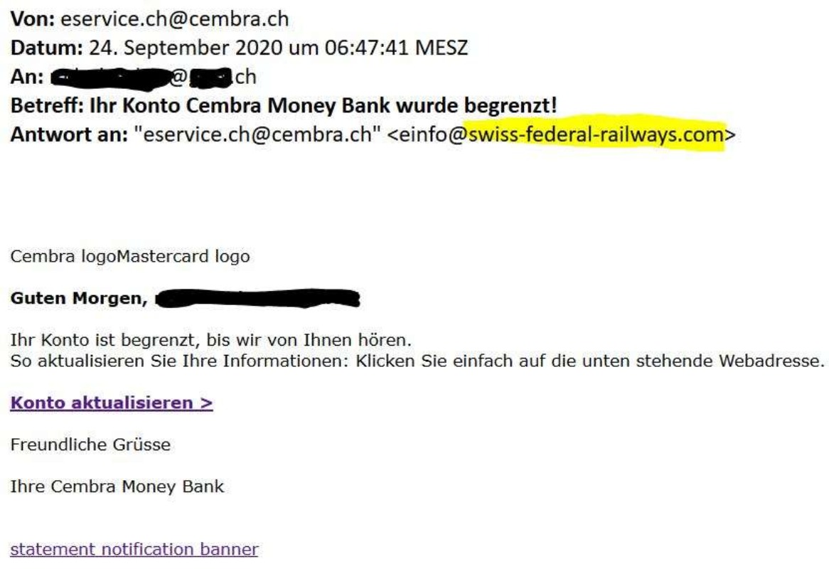 Zürich ZH Betrüger EMails im Namen der Cembra Money Bank